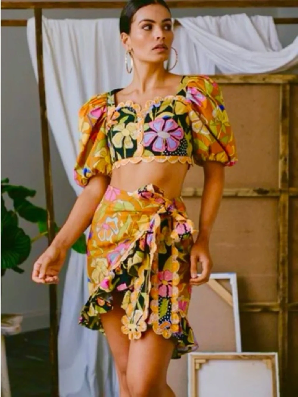 Floral Tie-Waist Mini Skirt - Orange Multi
